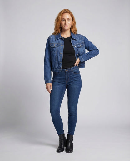 Damen Taillierte Jeansjacke Strass - Eveloria