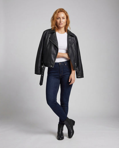 Damen Lederjacke Teddyfutter Optik Schwarz - Eveloria