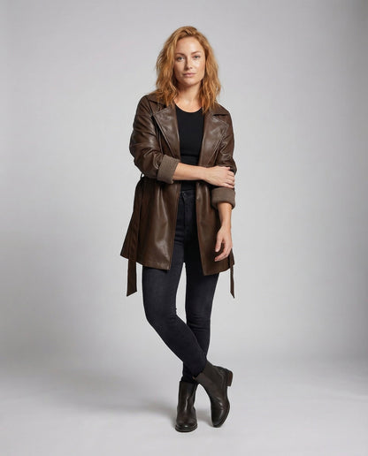 Damen Leder Trenchcoat Kurz - Eveloria