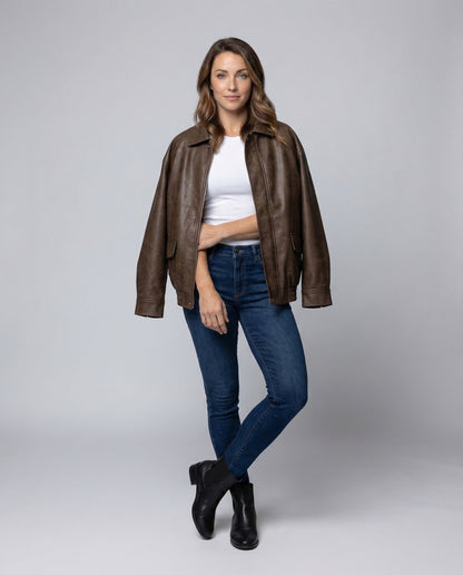 Damen Lederjacke Imitat Vintage Blouson - Eveloria