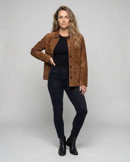 Damen Oversize Wildlederjacke Mit Hemdkragen - Eveloria