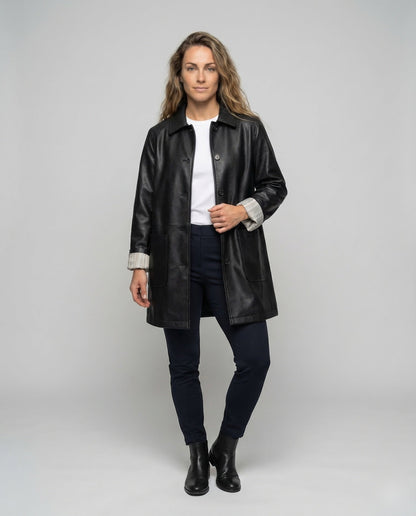 Damen Kunstledermantel Oversize Mit Hemdkragen - Eveloria