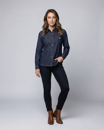 Damen Denim Hemd mit Stickerei Blau - Eveloria