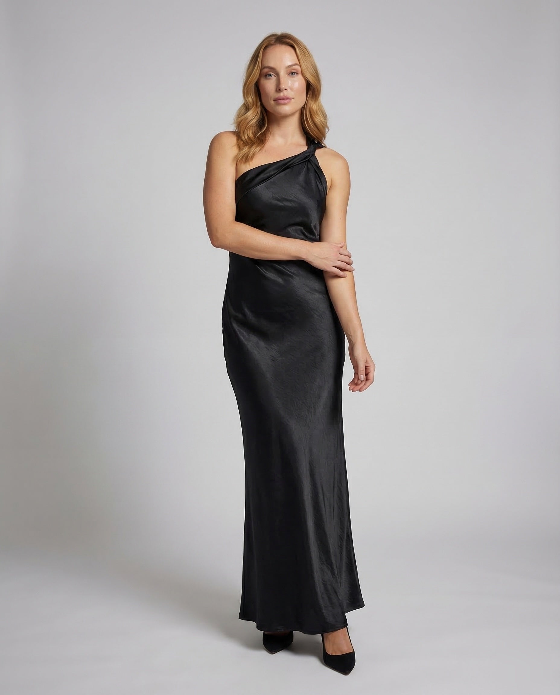 Damen Abendkleid Satin Einerschulter Schwarz - Eveloria
