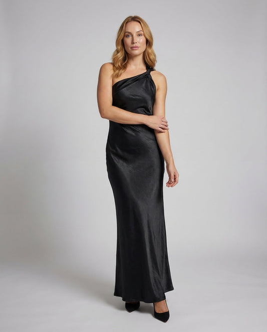 Damen Abendkleid Satin Einerschulter Schwarz - Eveloria