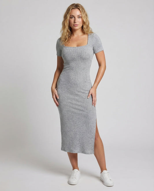 Damen Midikleid Rippstrick Mit Schlitz - Eveloria