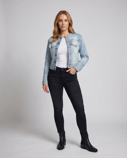 Damen Denimjacke Stehkragen Cropped - Eveloria
