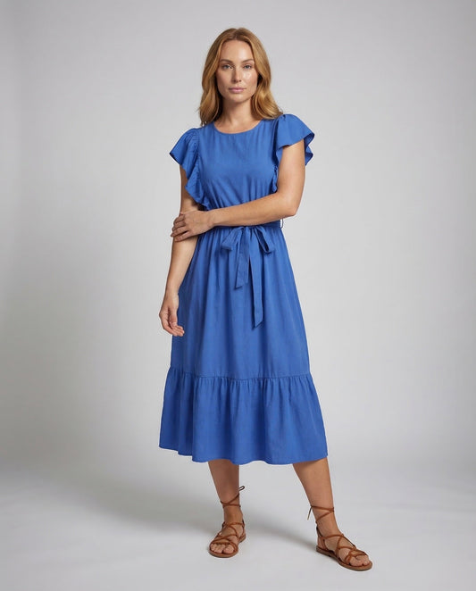 Damen Midikleid mit Gürtel und Volant - Eveloria