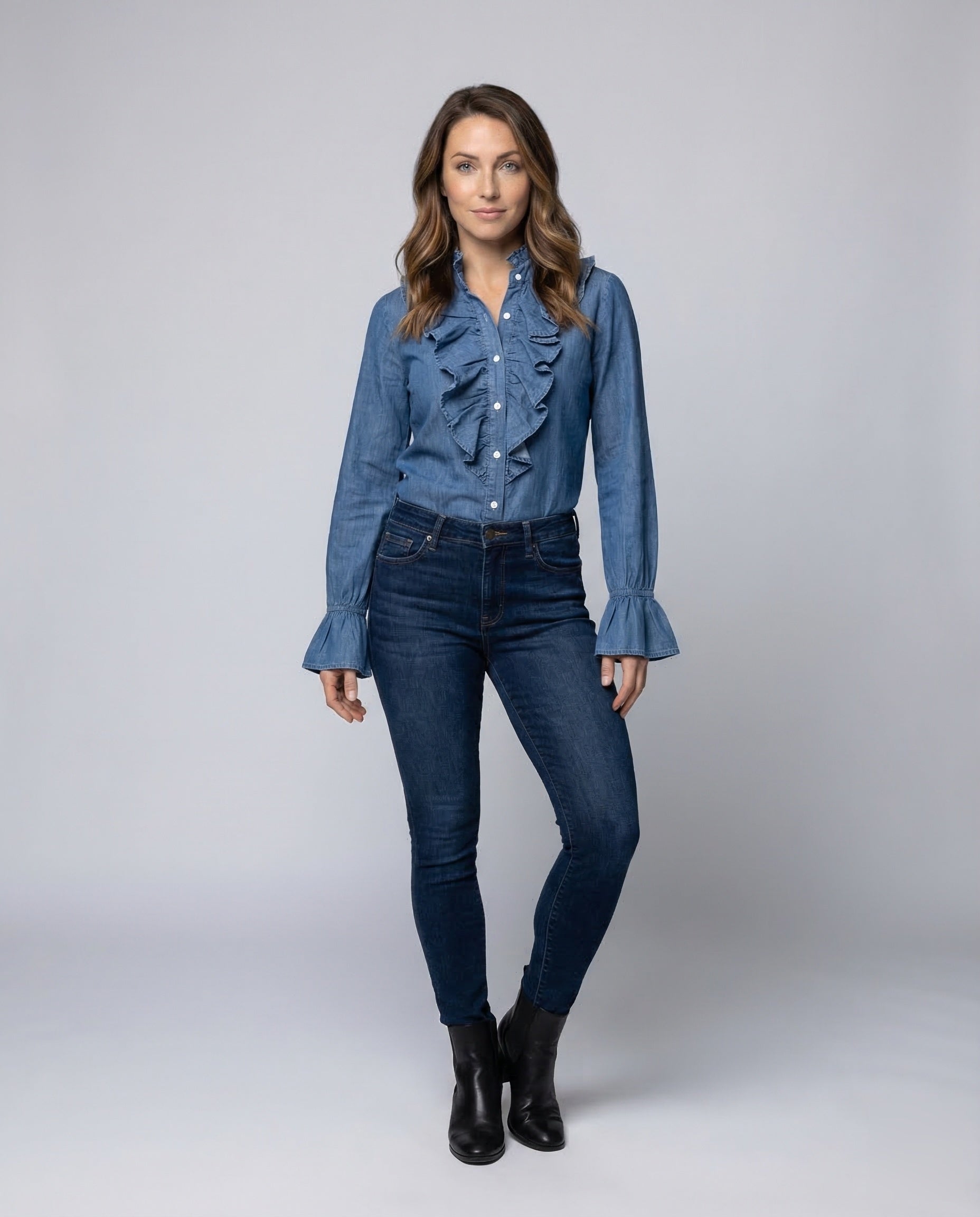 Damen Bluse Rüschen Denimoptik Blau - Eveloria