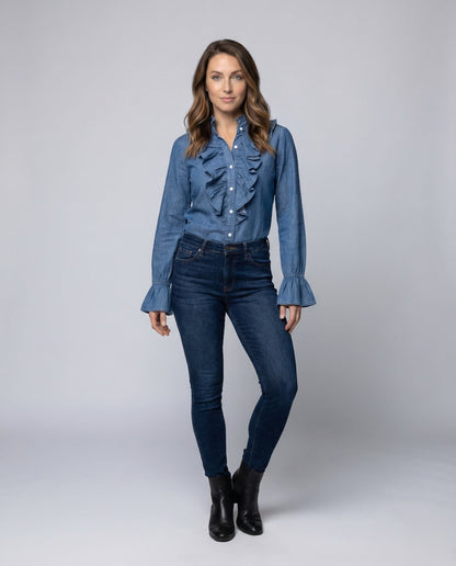 Damen Bluse Rüschen Denimoptik Blau - Eveloria
