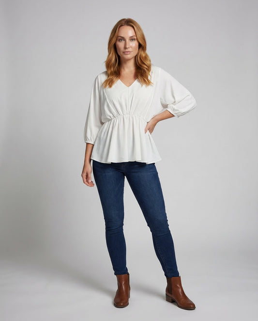 Damen Bluse mit V-Ausschnitt und Raffung - Eveloria