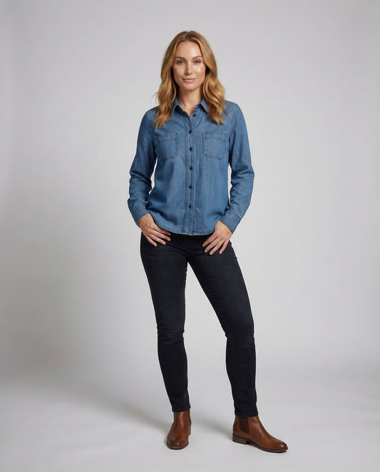Damen Denimbluse Mit Hemdkragen - Eveloria