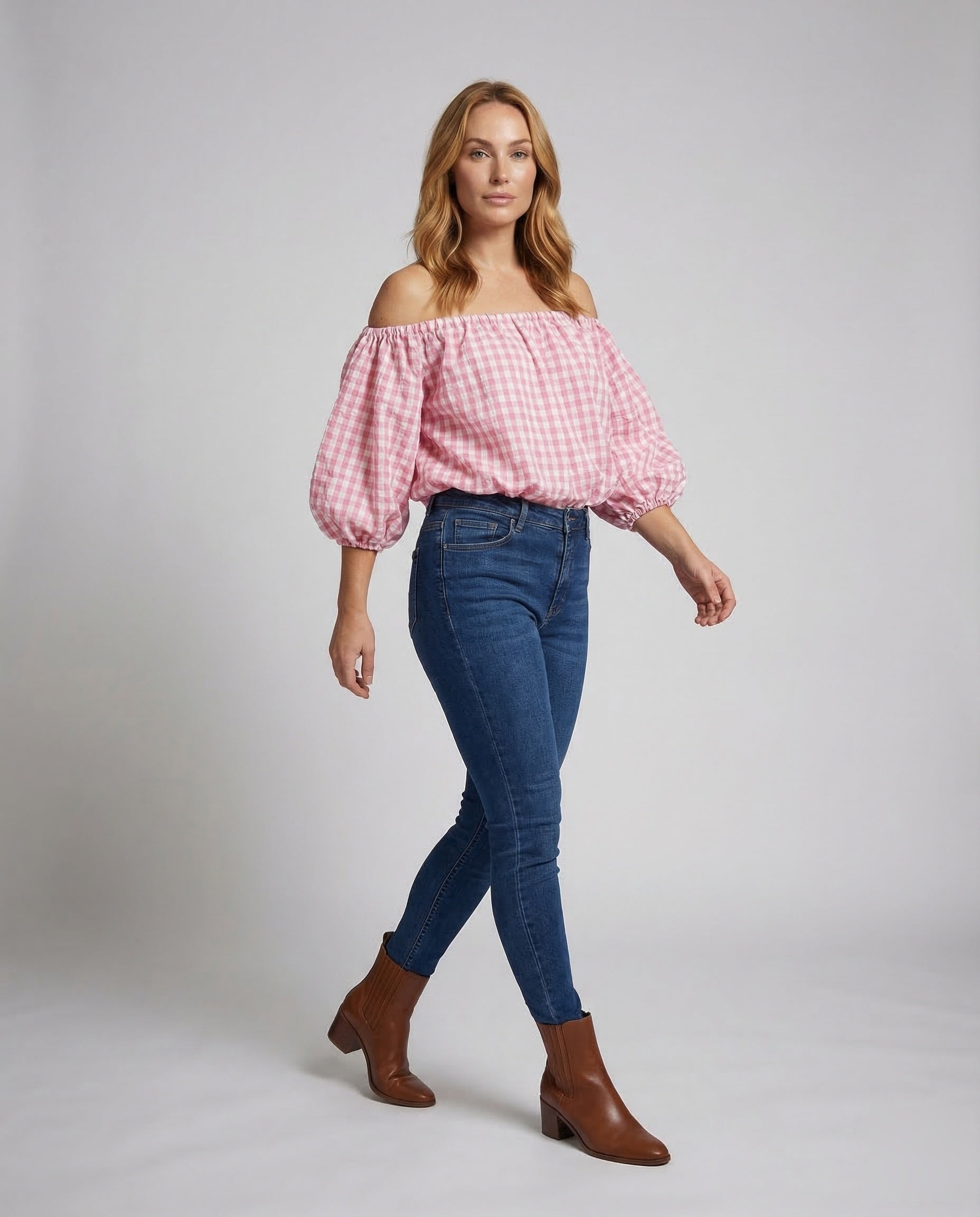 Damen Off-Shoulder-Bluse Karomuster - Eveloria