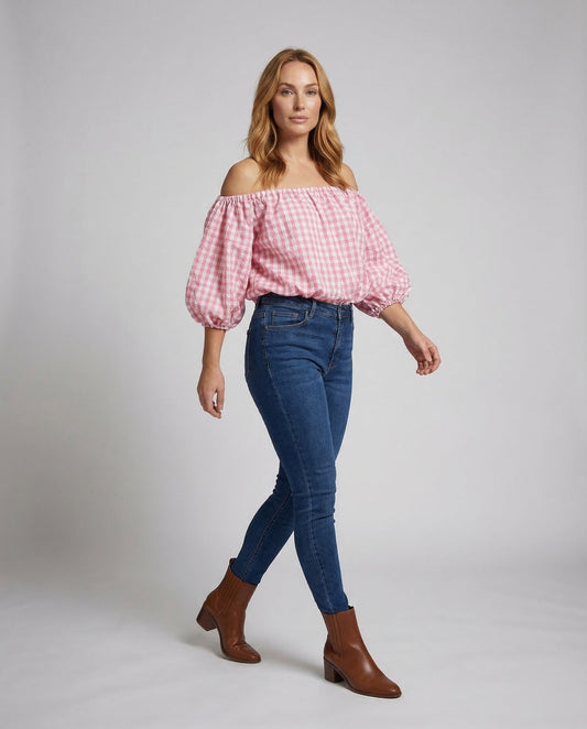 Damen Off-Shoulder-Bluse Karomuster - Eveloria