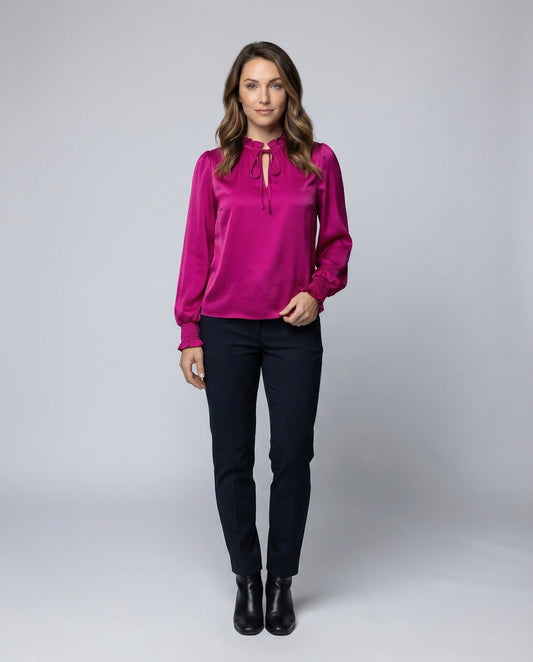 Damen Satinbluse Stehkragen Raffung Schwarz - Eveloria
