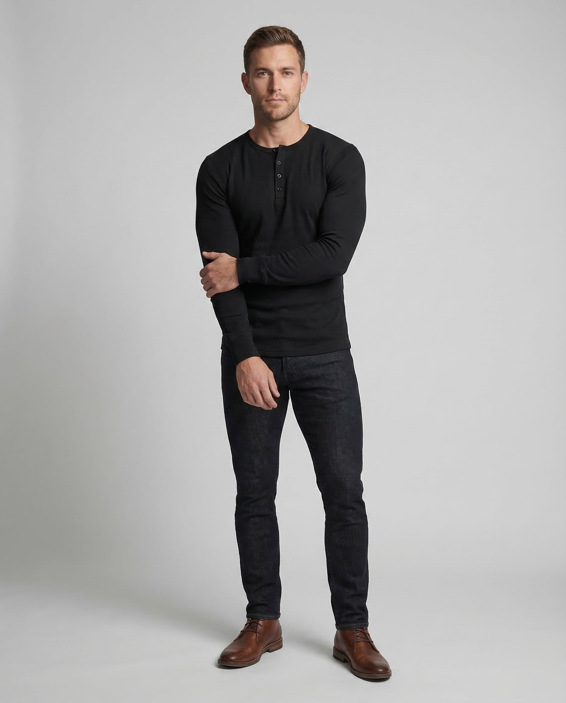 Herren Langarm Henleyshirt Baumwolle Weiß - Eveloria