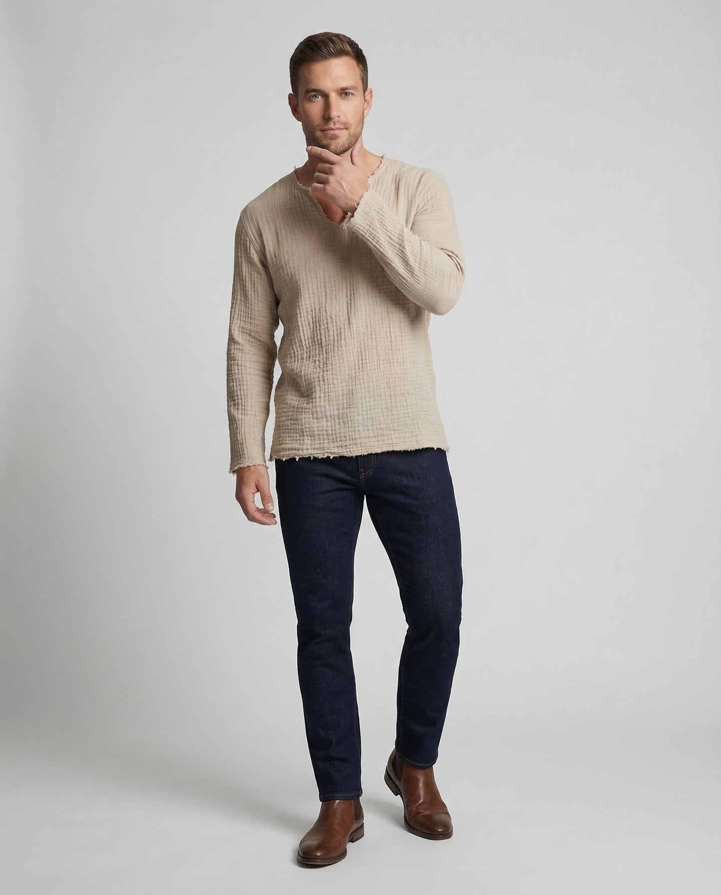 Herren Musselin Hemd V-Ausschnitt - Eveloria