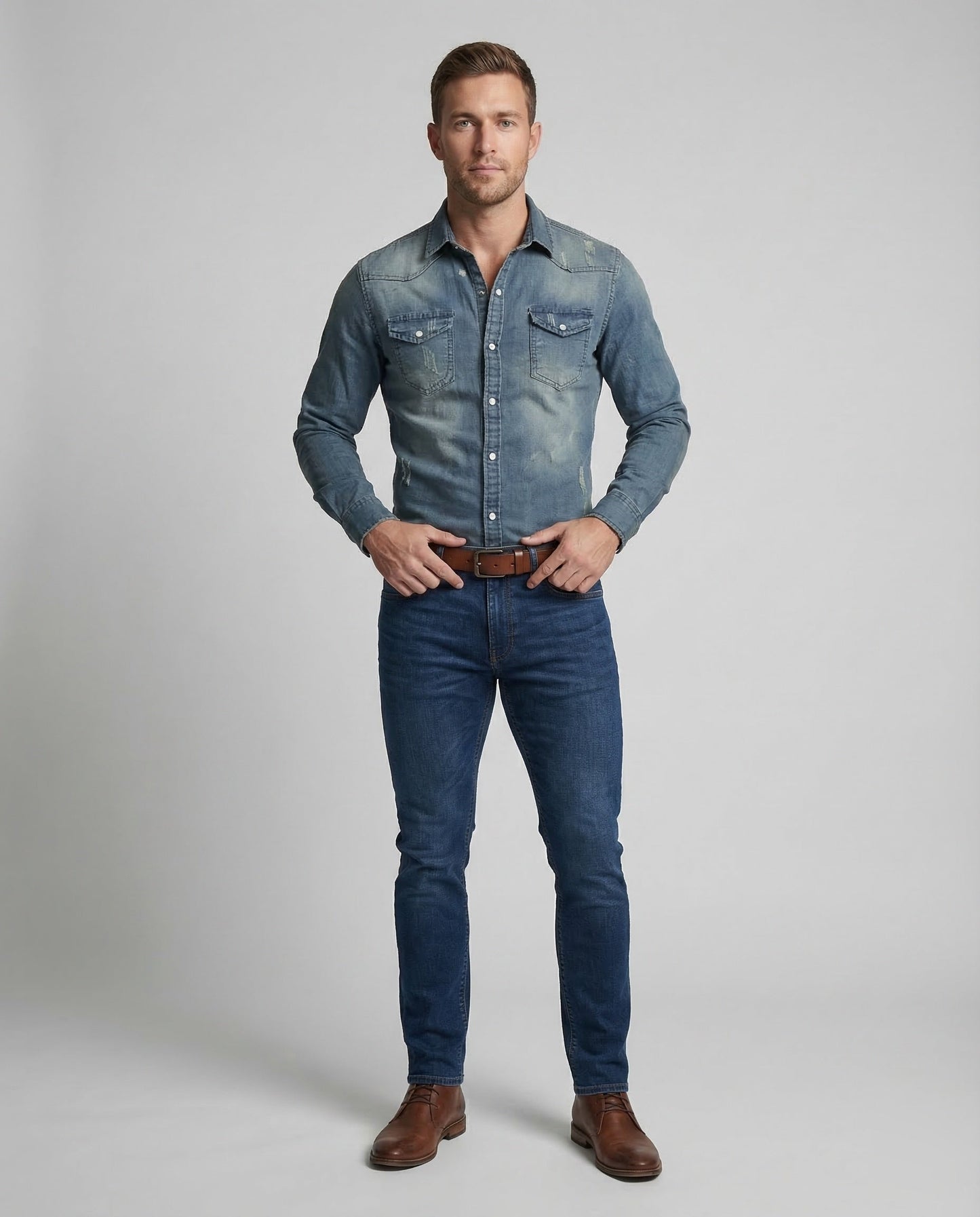 Herren Denim Westernhemd Blau - Eveloria