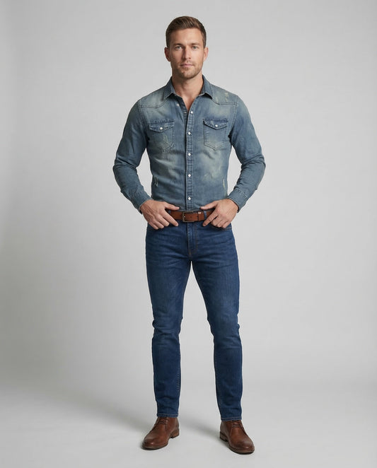 Herren Denim Westernhemd Blau - Eveloria