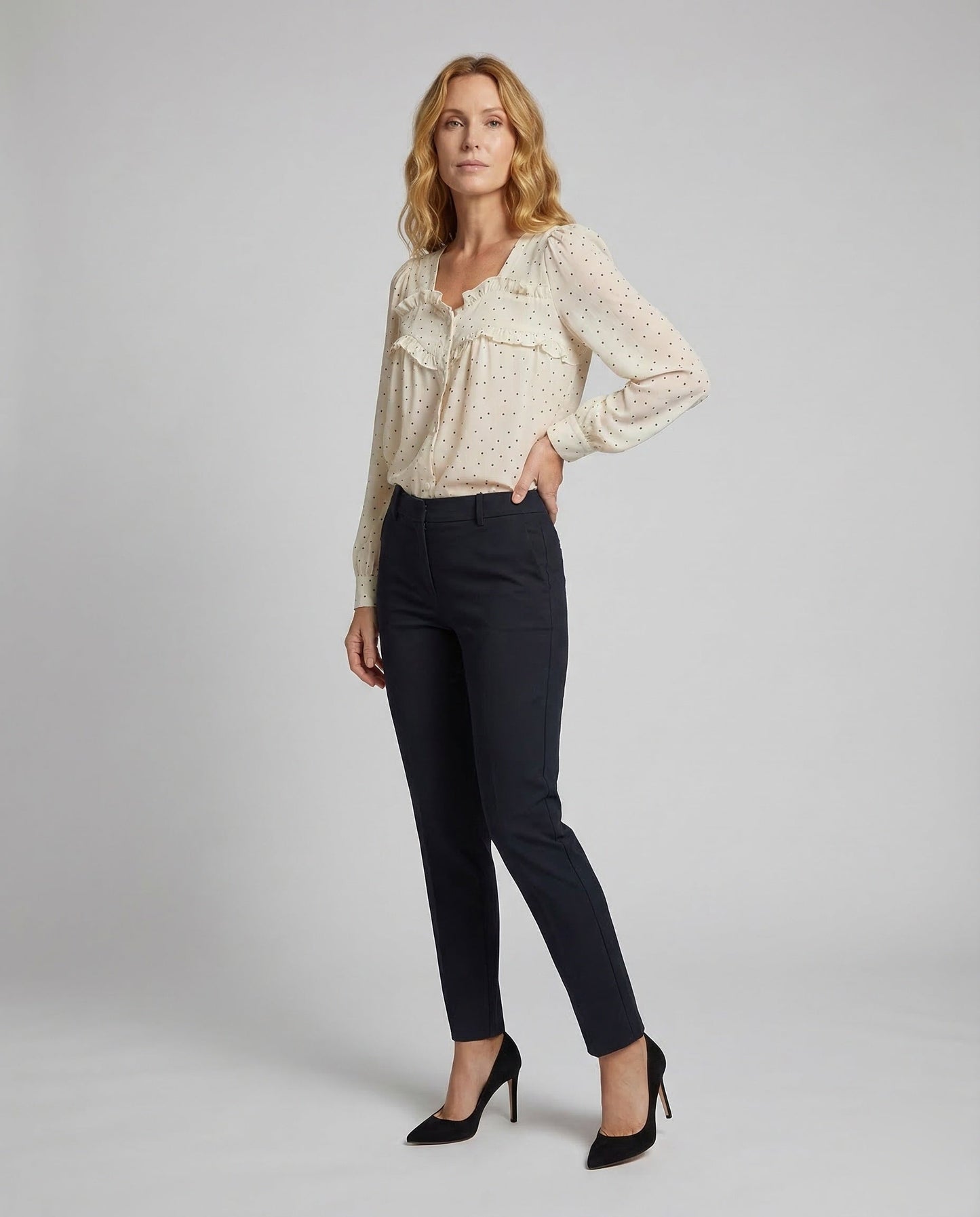 Damen Bluse Chiffon Rüschenkragen Tupfenmuster - Eveloria
