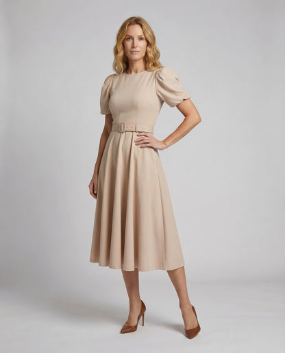 Damen Midikleid mit Puffärmeln und Gürtel - Eveloria