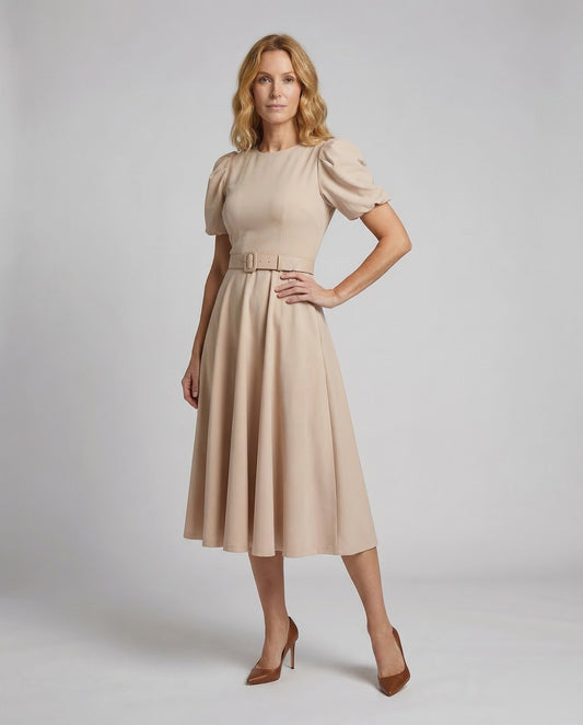 Damen Midikleid mit Puffärmeln und Gürtel - Eveloria