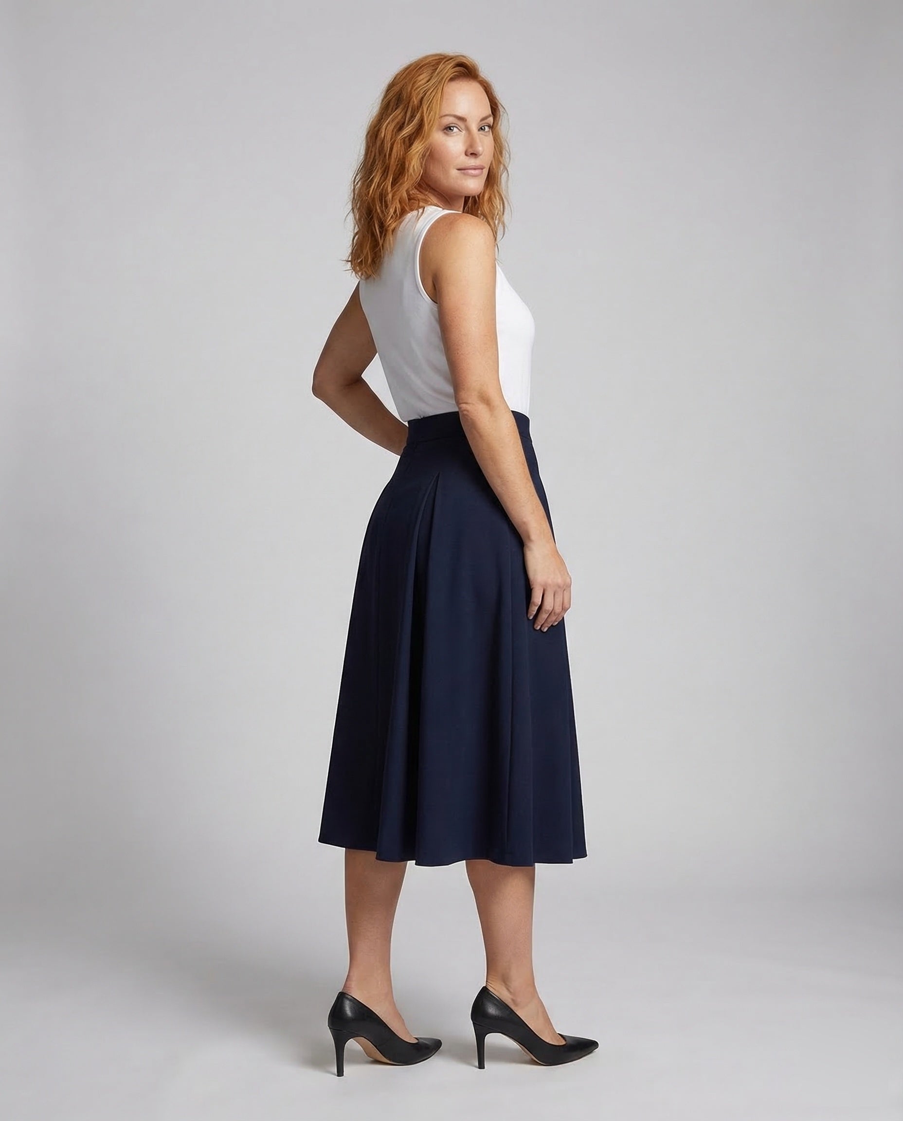 Damen Midirock mit Kellerfalten Schwarz - Eveloria