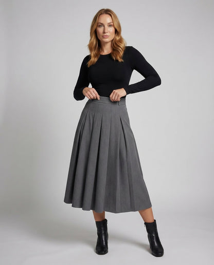 Damen A-Linie Midirock mit Kellerfalten Schwarz - Eveloria