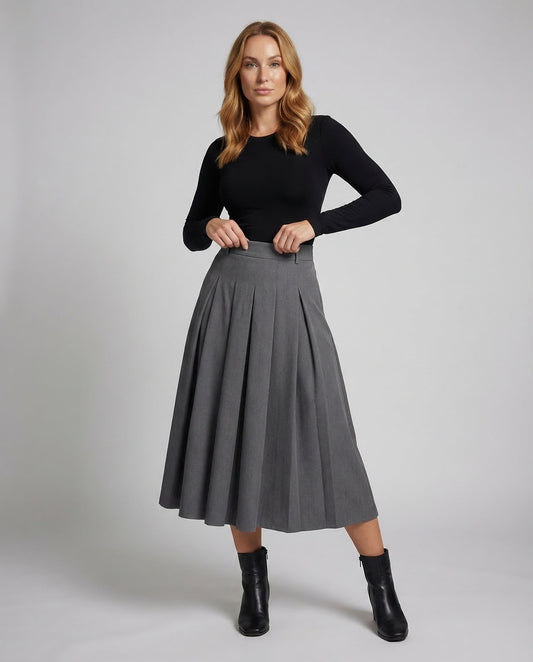 Damen A-Linie Midirock mit Kellerfalten Schwarz - Eveloria