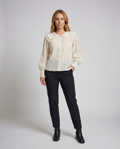 Damen Bluse Spitzenkragen Volant - Eveloria