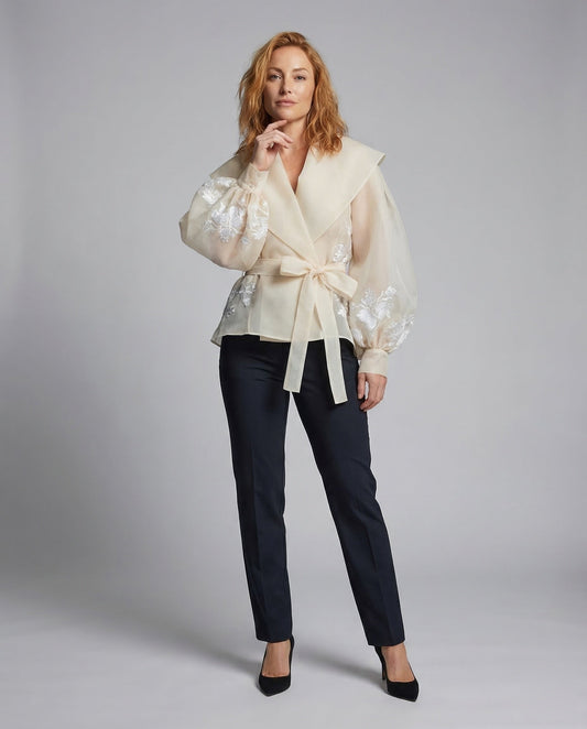 Damen Wickelbluse aus Organza mit Stickerei - Eveloria