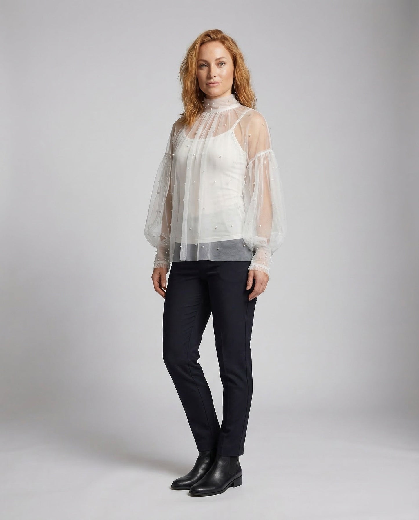Damen Tüllbluse mit Perlen Dekoration - Eveloria