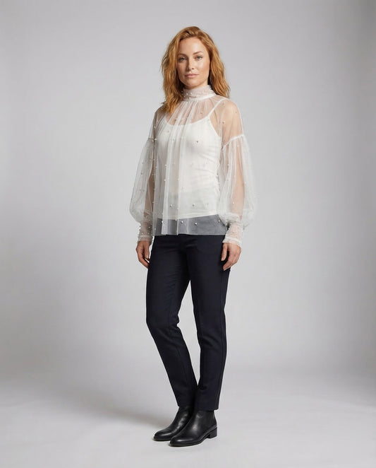 Damen Tüllbluse mit Perlen Dekoration - Eveloria