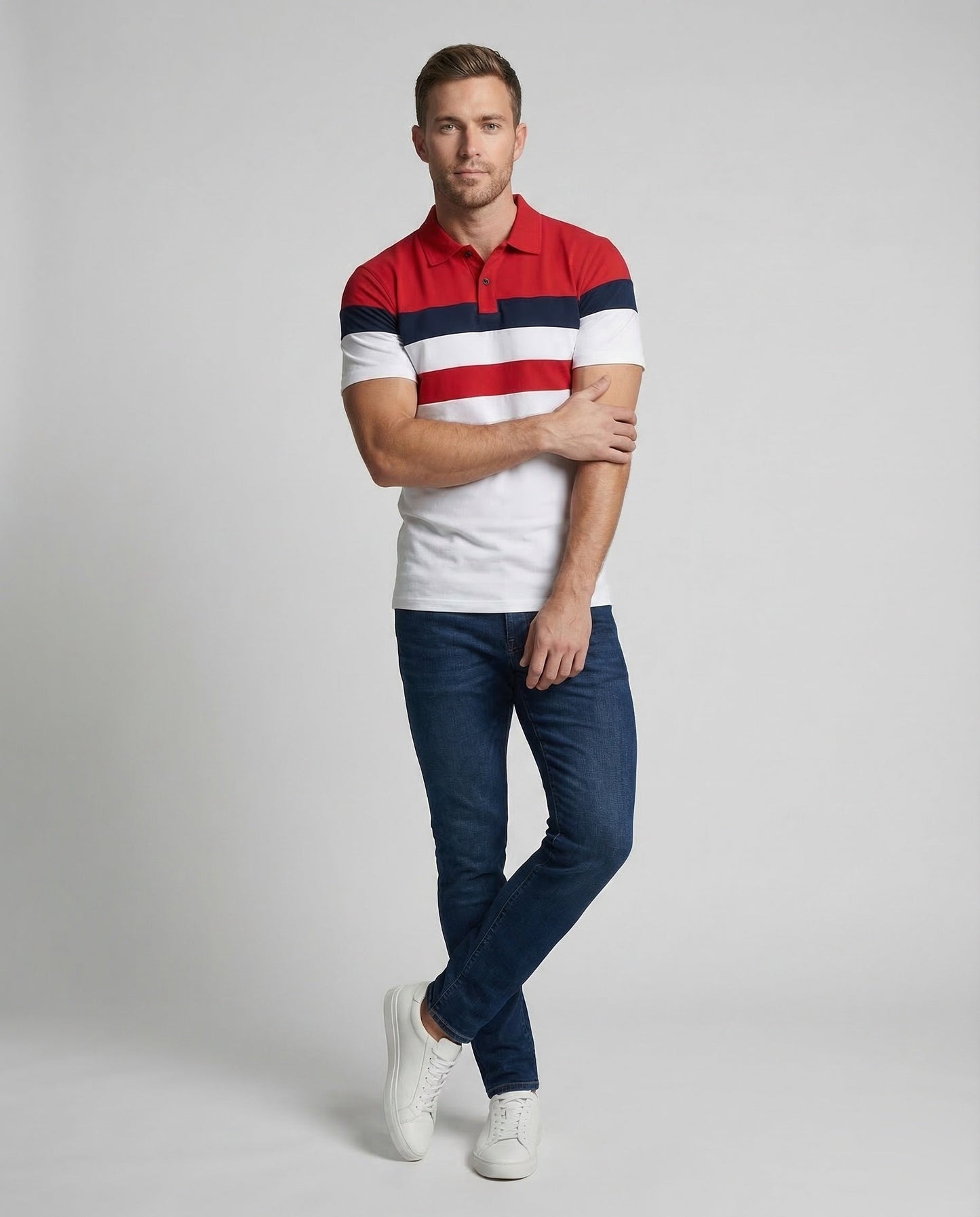 Herren Poloshirt mit Blockstreifen Baumwolle Weiß/Schwarz - Eveloria
