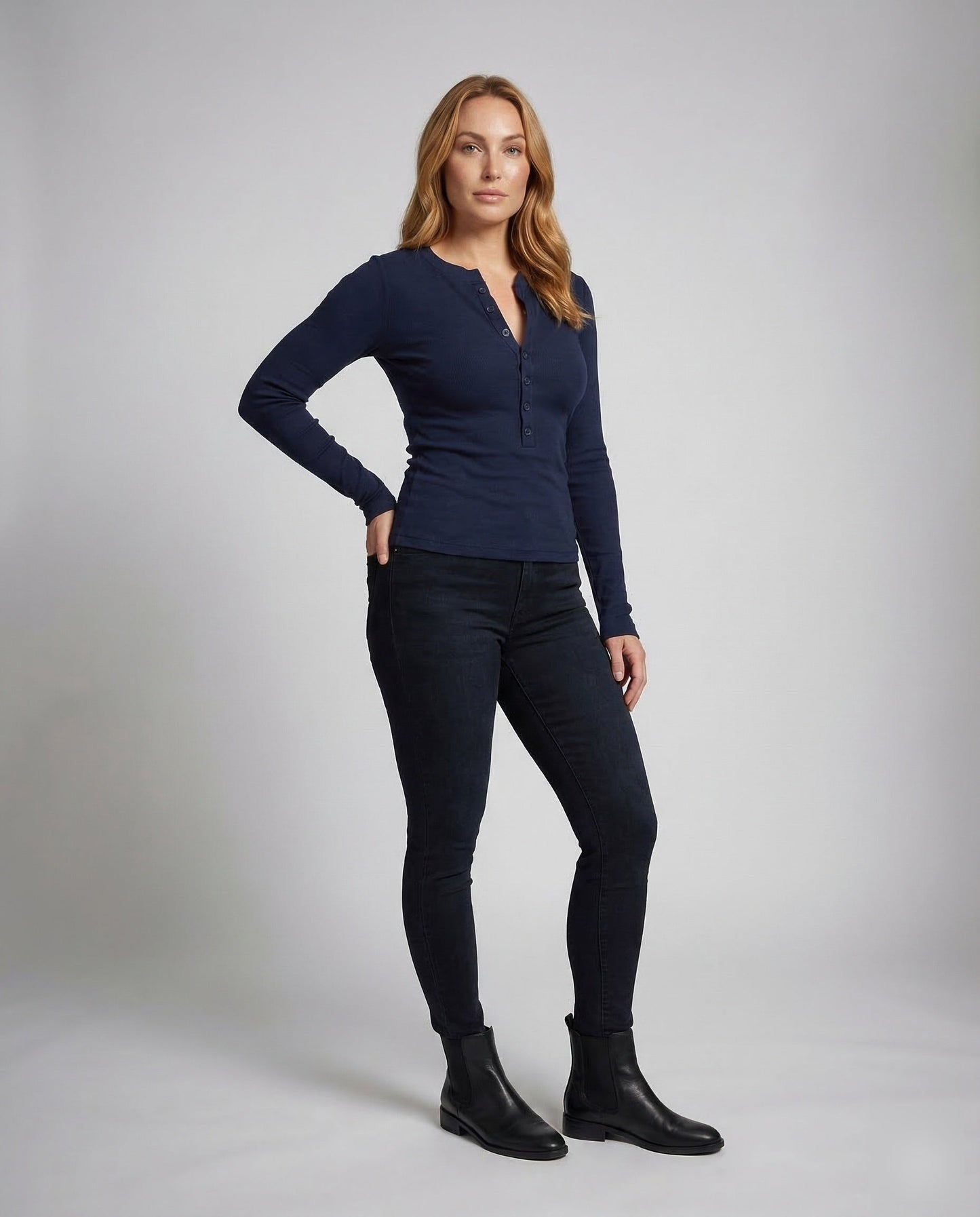 Damen Langarm Henleyshirt Rippstoff - Eveloria