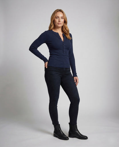 Damen Langarm Henleyshirt Rippstoff - Eveloria