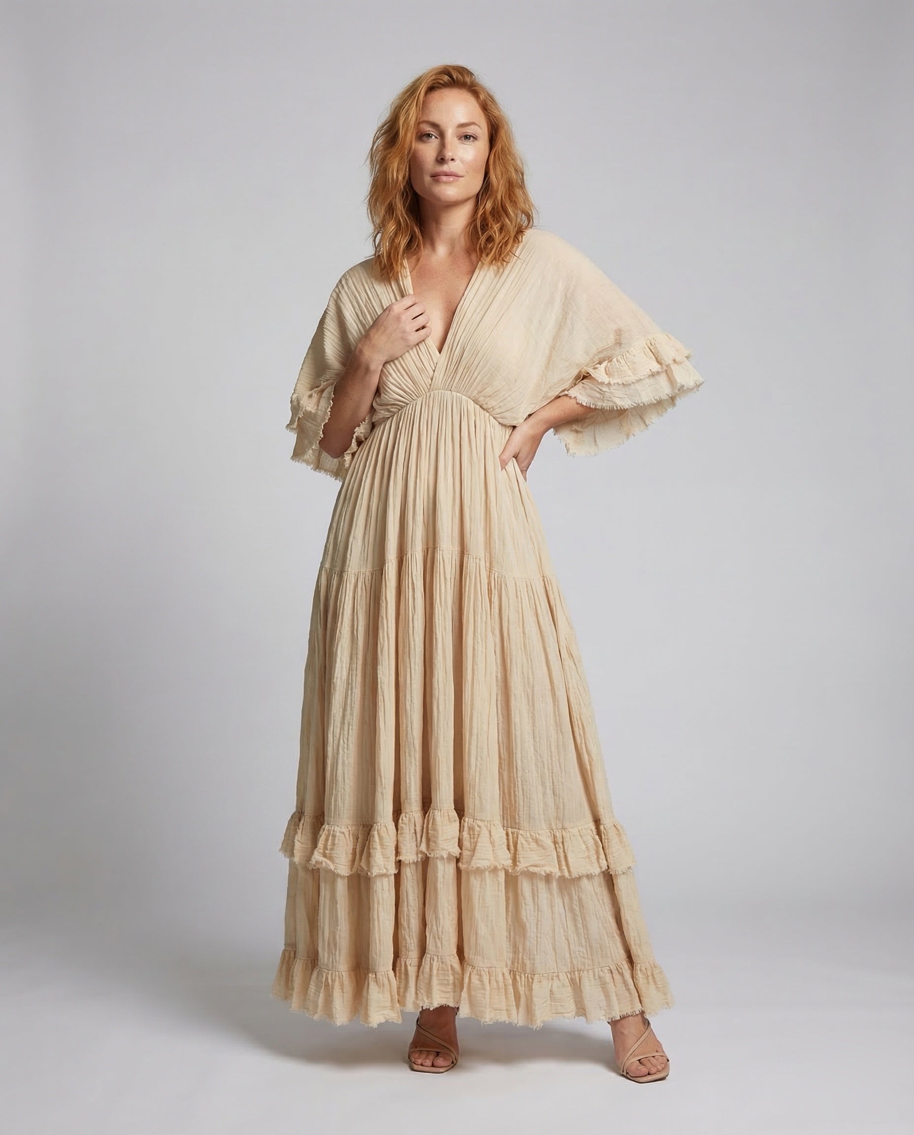 Damen Maxikleid Plissee Volant - Eveloria