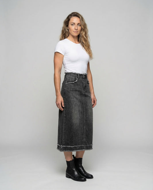 Damen Midirock Jeans Fransen Schwarz - Eveloria