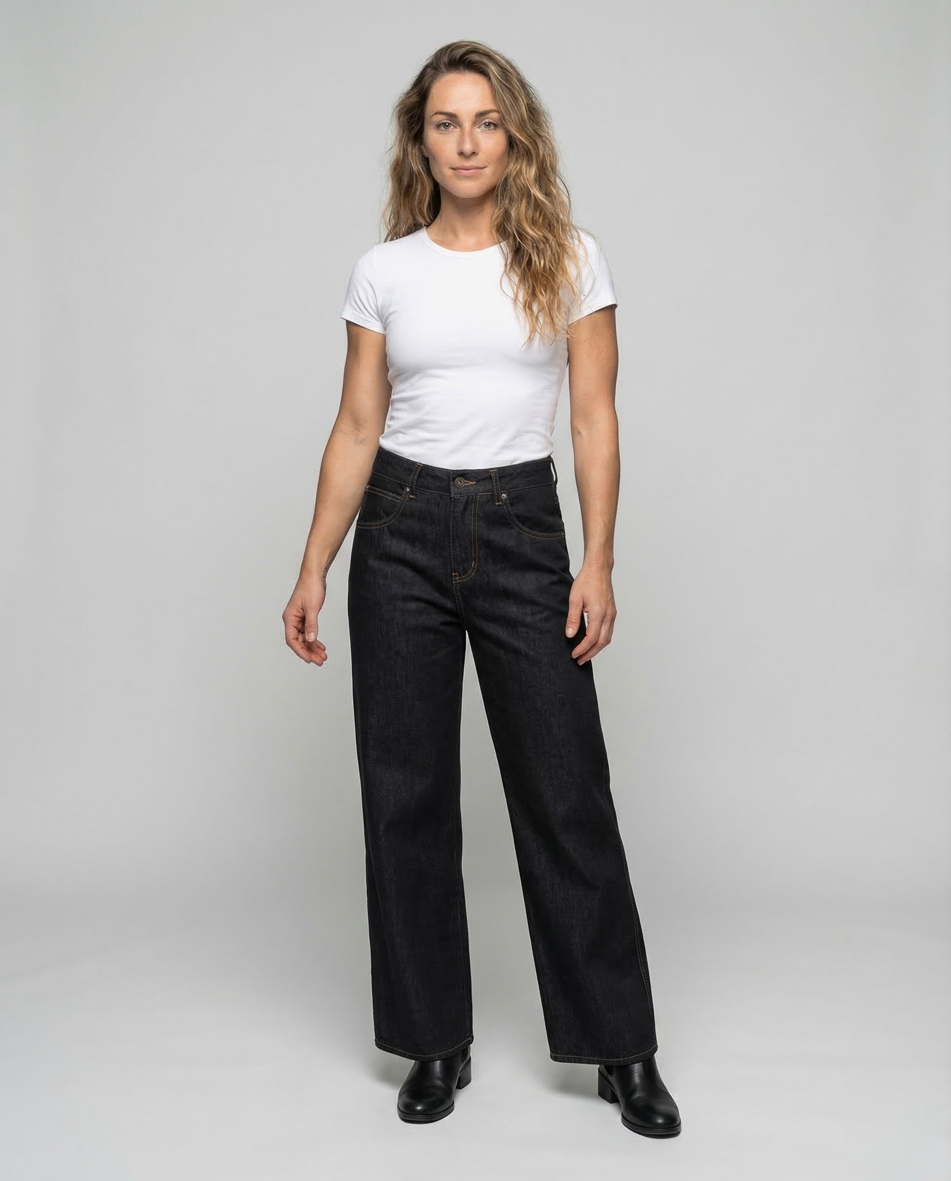 Damen High Waist Jeans Weite Bein Schwarz - Eveloria