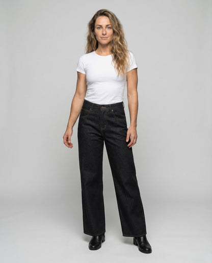 Damen High Waist Jeans Weite Bein Schwarz - Eveloria