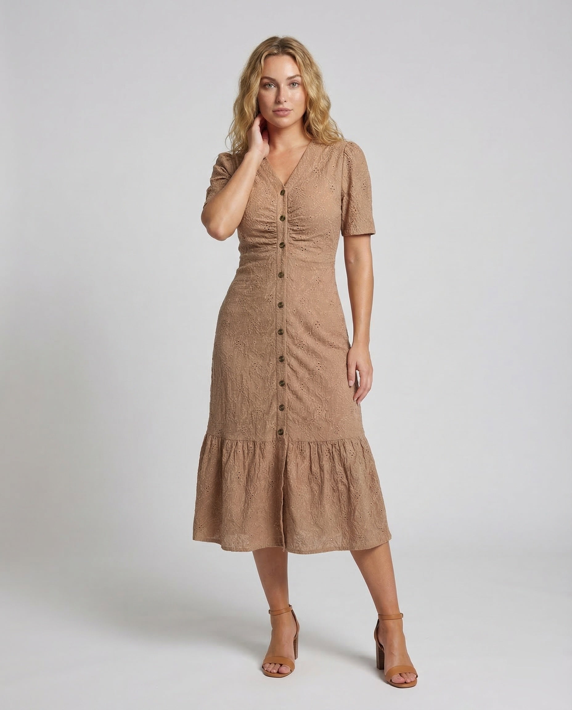 Damen Kleid mit Lochstickerei Knie-lang - Eveloria