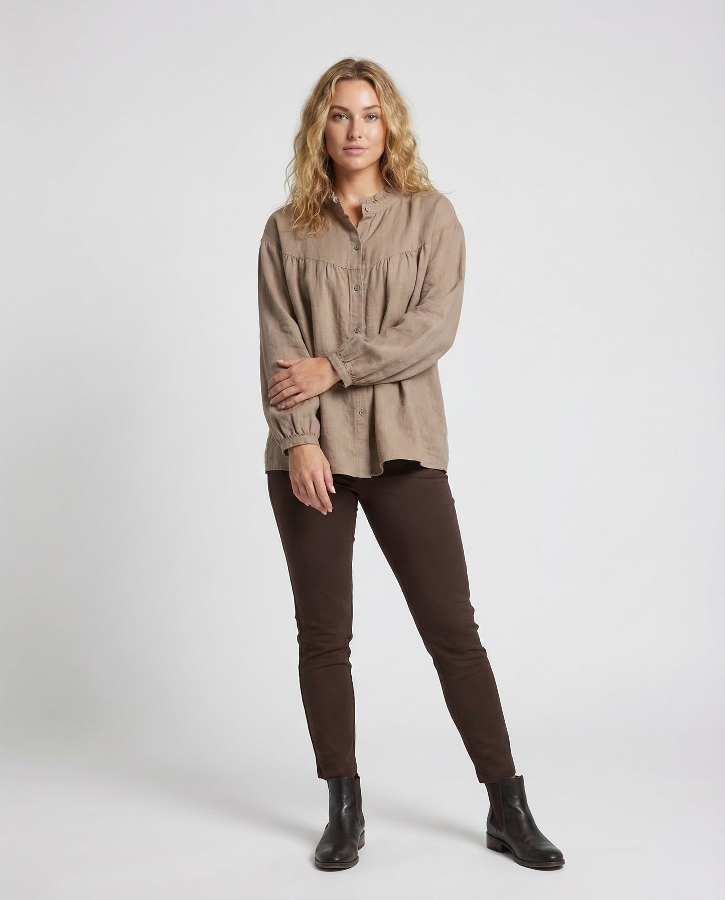 Damen Leinenbluse mit Volantkragen Weiß - Eveloria