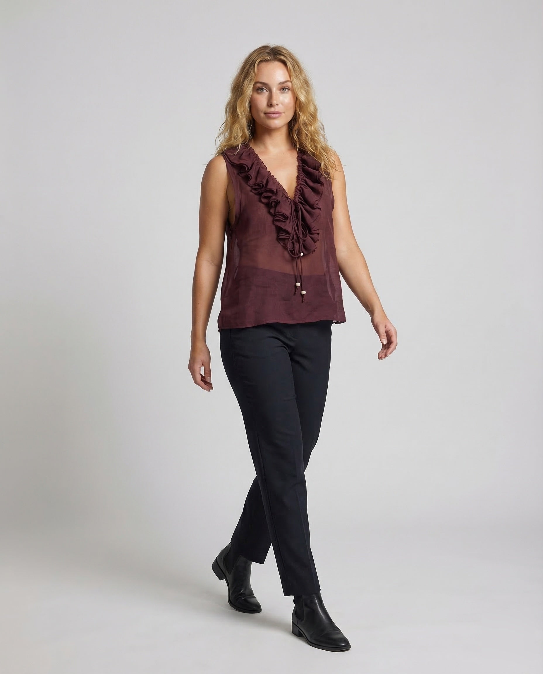 Damen Ärmellose Rüschenbluse mit Kordelzug - Eveloria