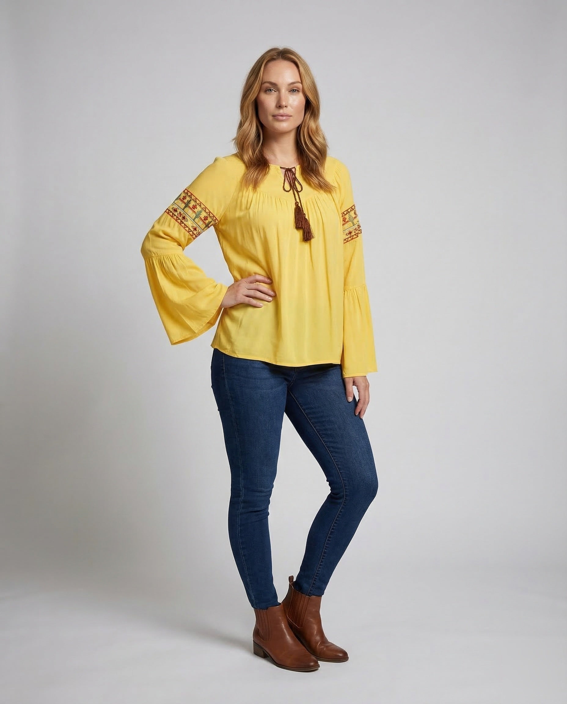 Damen Boho Bluse Trompetenärmel Bestickt - Eveloria