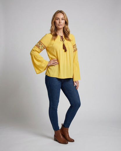 Damen Boho Bluse Trompetenärmel Bestickt - Eveloria