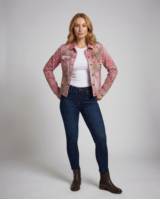 Damen Jeansjacke Blumenbestickung Baumwolle Blau - Eveloria