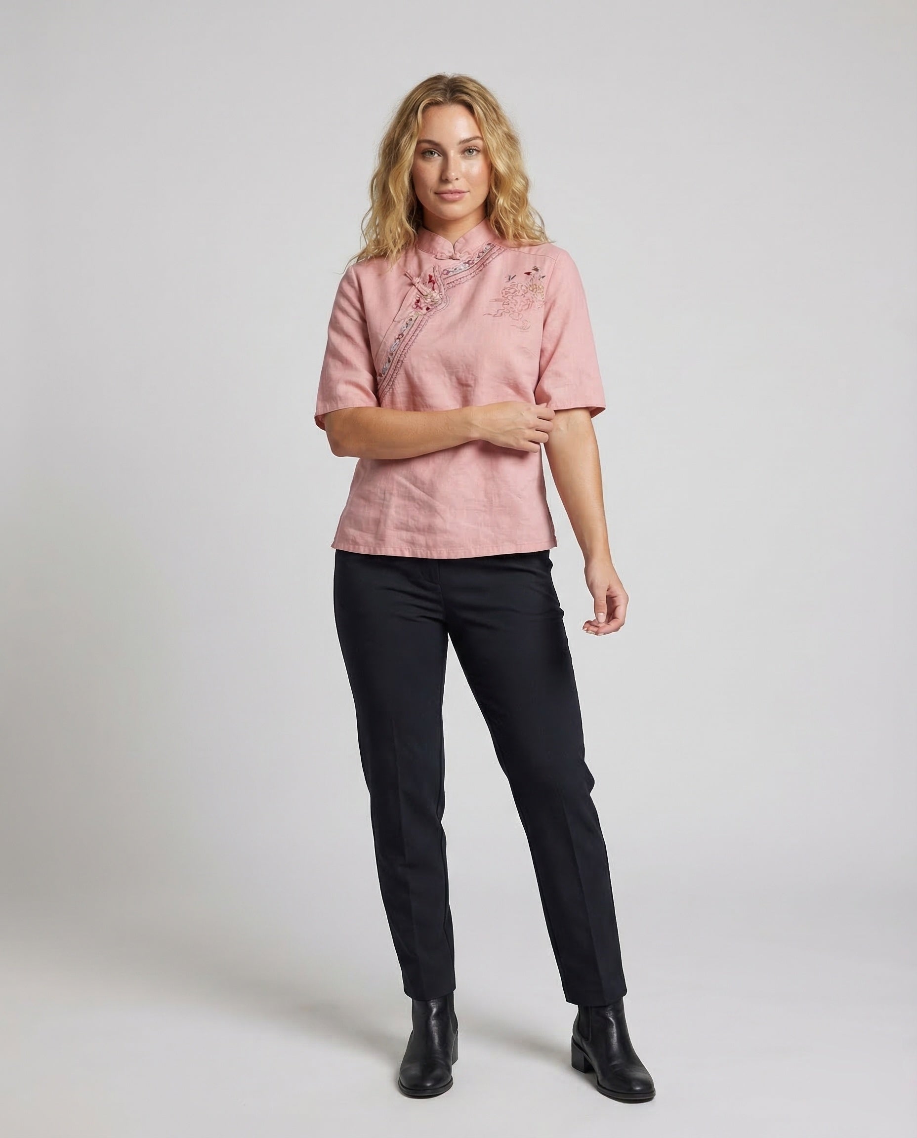 Damen Leinenbluse Chinoiserie Stehkragen - Eveloria