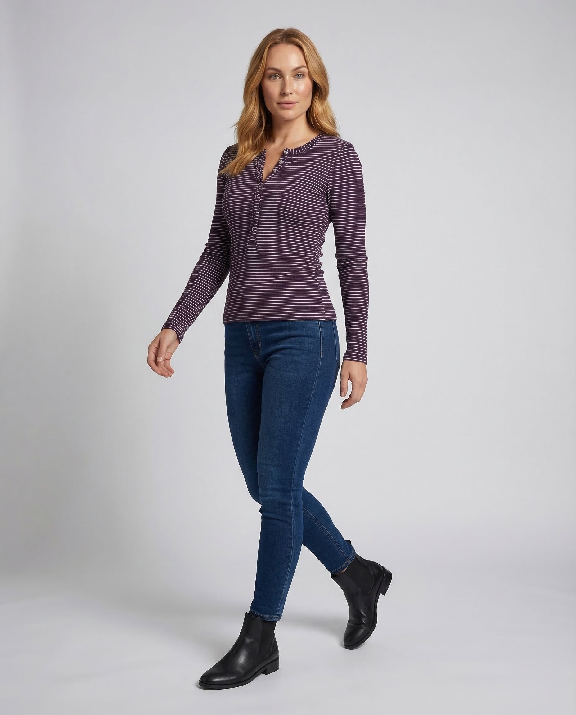Damen Langarm Rippshirt Streifen Schwarz Weiß - Eveloria
