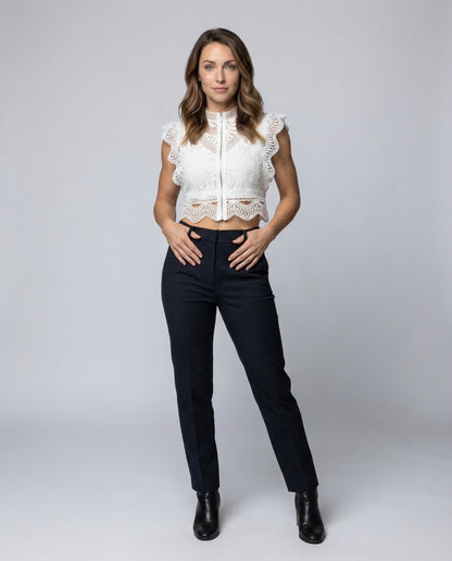 Damen Spitzen Croptop Gehäkelt Weiß - Eveloria