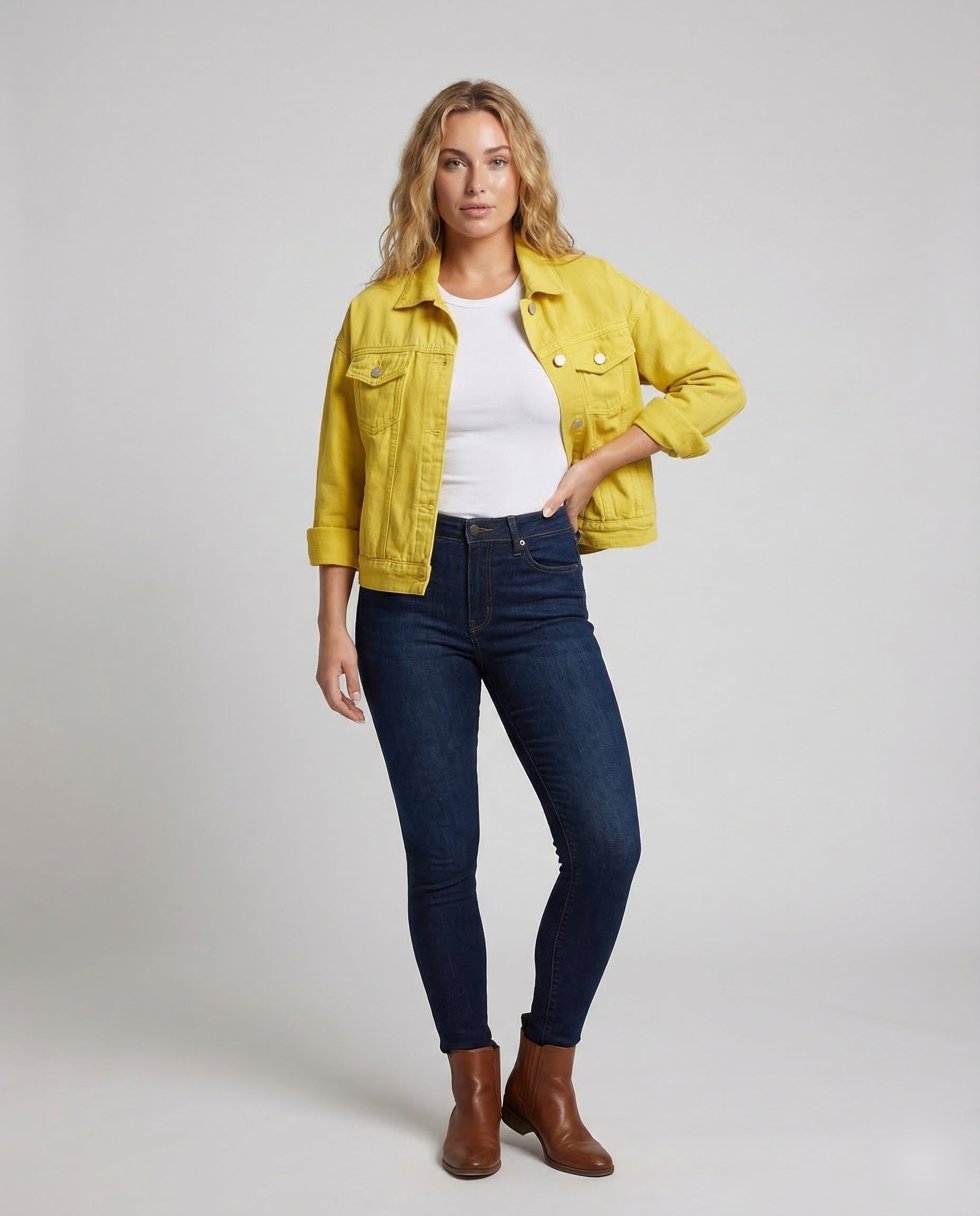 Damen Kurzjeansjacke Kastig Pattentaschen - Eveloria